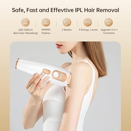 Laser Hair Removal IPL Laser Hair Removal for Women and Men Permanent, 999999 Flashes, At-Home Hair Removal Device for Facial Legs Arms Whole Body Use (White Gold)