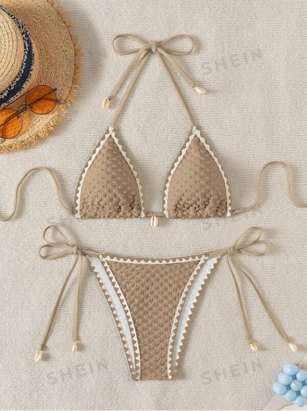 Women's Summer Beach Floral Bikini Set With Fringe Edge Design And Halter Neck Tie