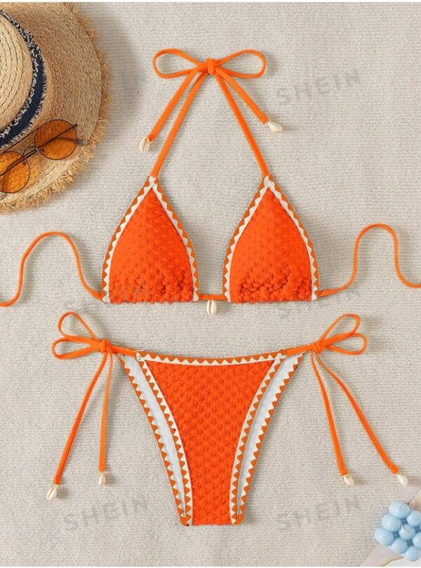 Women's Summer Beach Floral Bikini Set With Fringe Edge Design And Halter Neck Tie