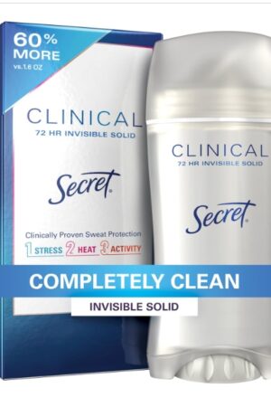 Secret Clinical Strength Antiperspirant and Deodorant for Women, Invisible Solid, 72hr Sweat Protection, PH Balancing Minerals, Completely Clean Scent, 2.6 oz