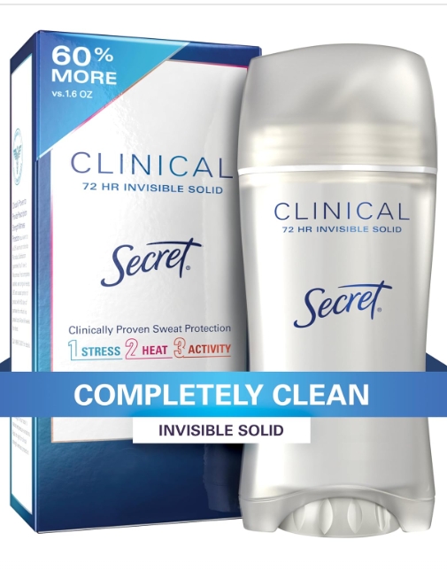 Secret Clinical Strength Antiperspirant and Deodorant for Women, Invisible Solid, 72hr Sweat Protection, PH Balancing Minerals, Completely Clean Scent, 2.6 oz