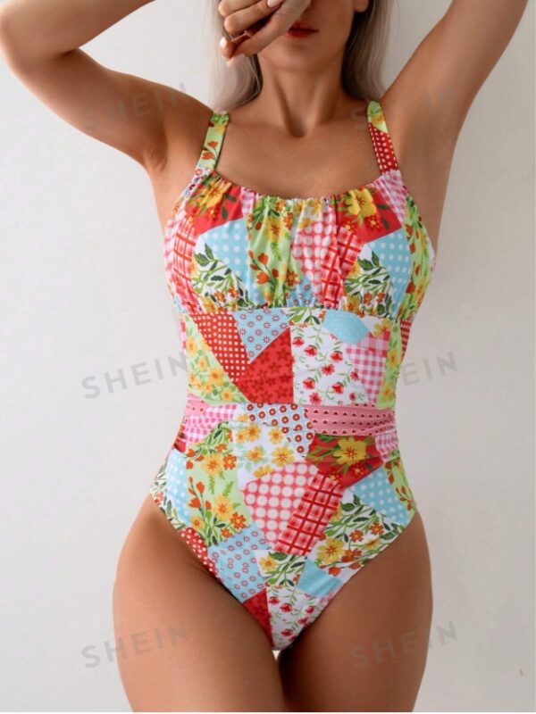 Women's Ditsy Floral Pleated Casual One-Piece Swimsuit For Vacation