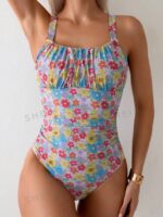 Women's Ditsy Floral Pleated Casual One-Piece Swimsuit For Vacation