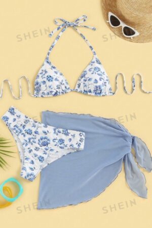 Mod Summer Beach Floral Print Triangle Bikini Set With Beach Skirt