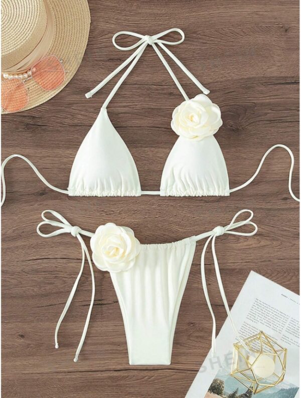 Summer Beach Appliques Halter Triangle Tie Side Bikini Set