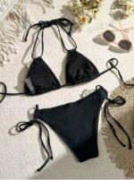 Summer Beach Appliques Halter Triangle Tie Side Bikini Set