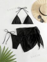 Basics Summer Beach Shirred Halter Triangle Bra & Swim Bottom Bikini Set With Beach Cover Up Skirt Bathing Suit