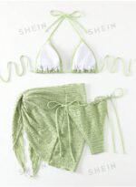 Basics Summer Beach Shirred Halter Triangle Bra & Swim Bottom Bikini Set With Beach Cover Up Skirt Bathing Suit