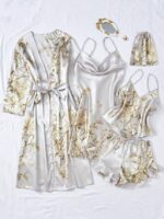 Silk-Like Flower Print Camisole Top & Shorts & Dress & Robe & Storage Bag, Pajama Set