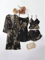 Silk-Like Flower Print Camisole Top & Shorts & Dress & Robe & Storage Bag, Pajama Set