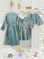 Silk-Like Flower Print Camisole Top & Shorts & Dress & Robe & Storage Bag, Pajama Set