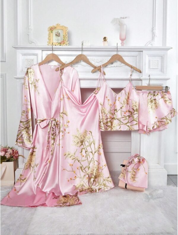 Silk-Like Flower Print Camisole Top & Shorts & Dress & Robe & Storage Bag, Pajama Set