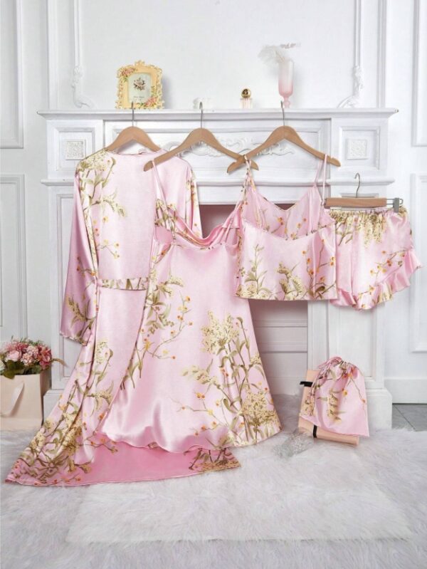 Silk-Like Flower Print Camisole Top & Shorts & Dress & Robe & Storage Bag, Pajama Set